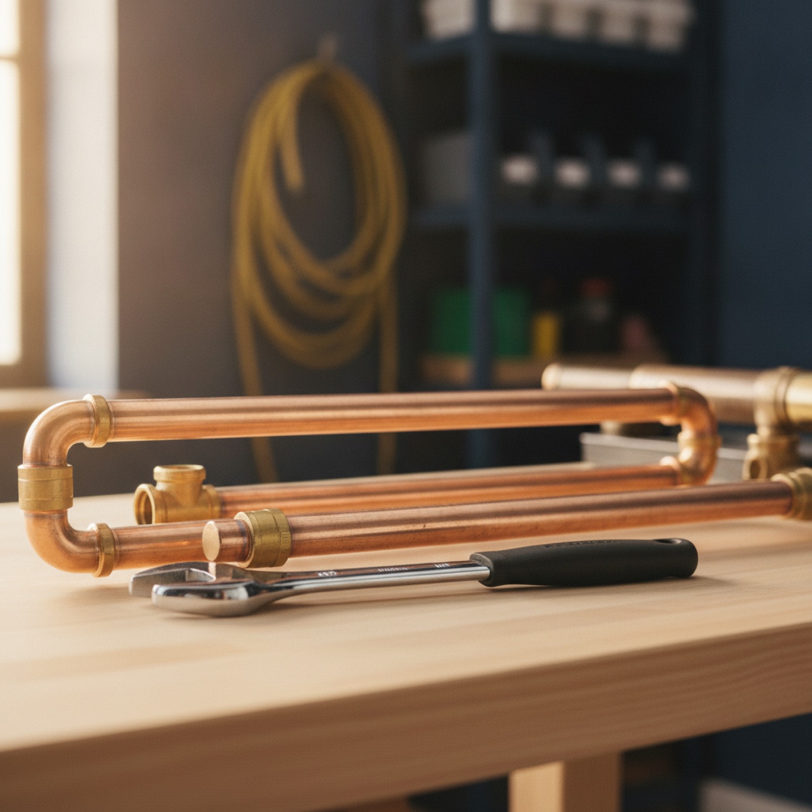 Freshly soldered copper pipe and brass fittings beside a wrench on a birch workbench in Christopher Watt's London workshop